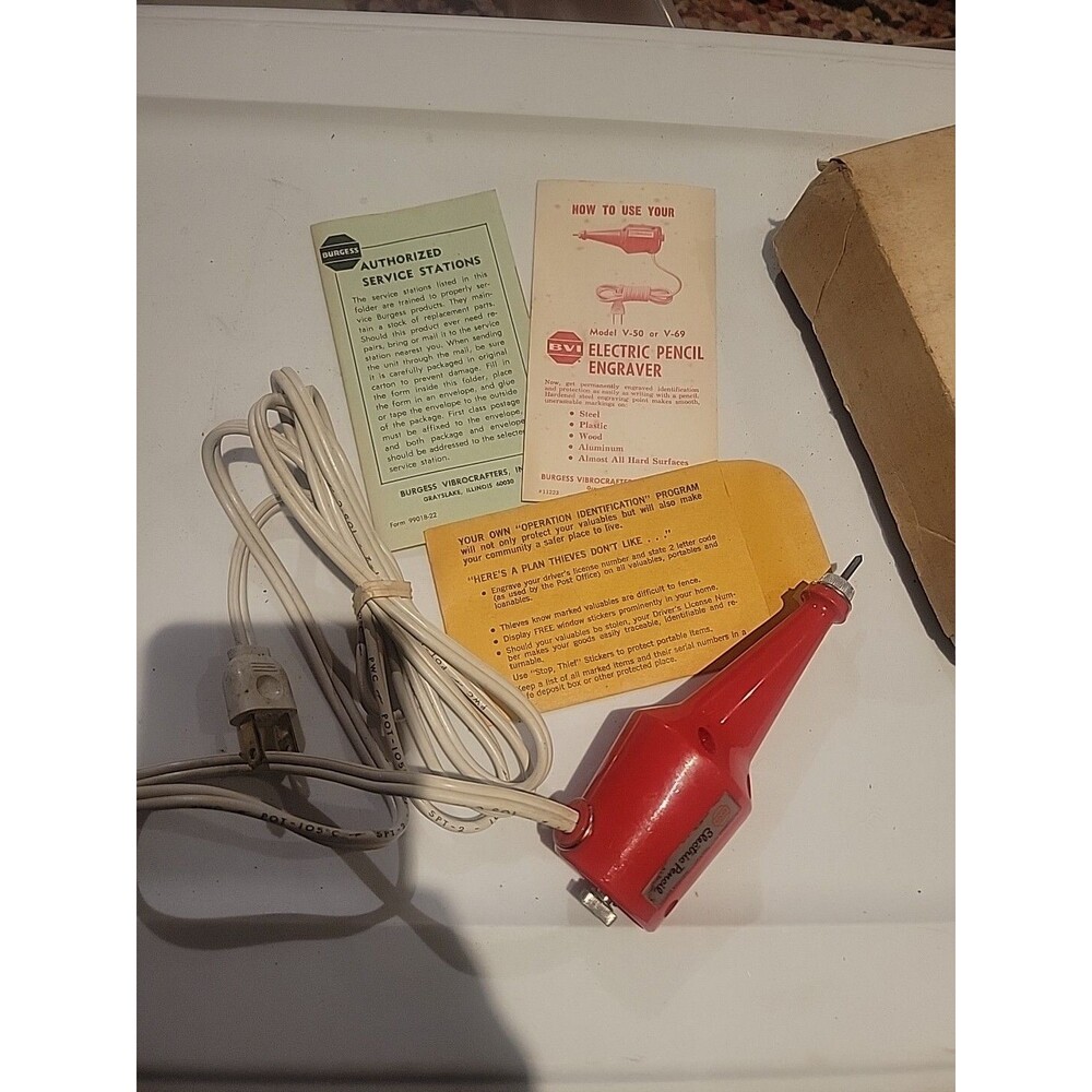 Vintage Red BVI Electric Pencil Engraver V-50 Tested Working W Instructions USA